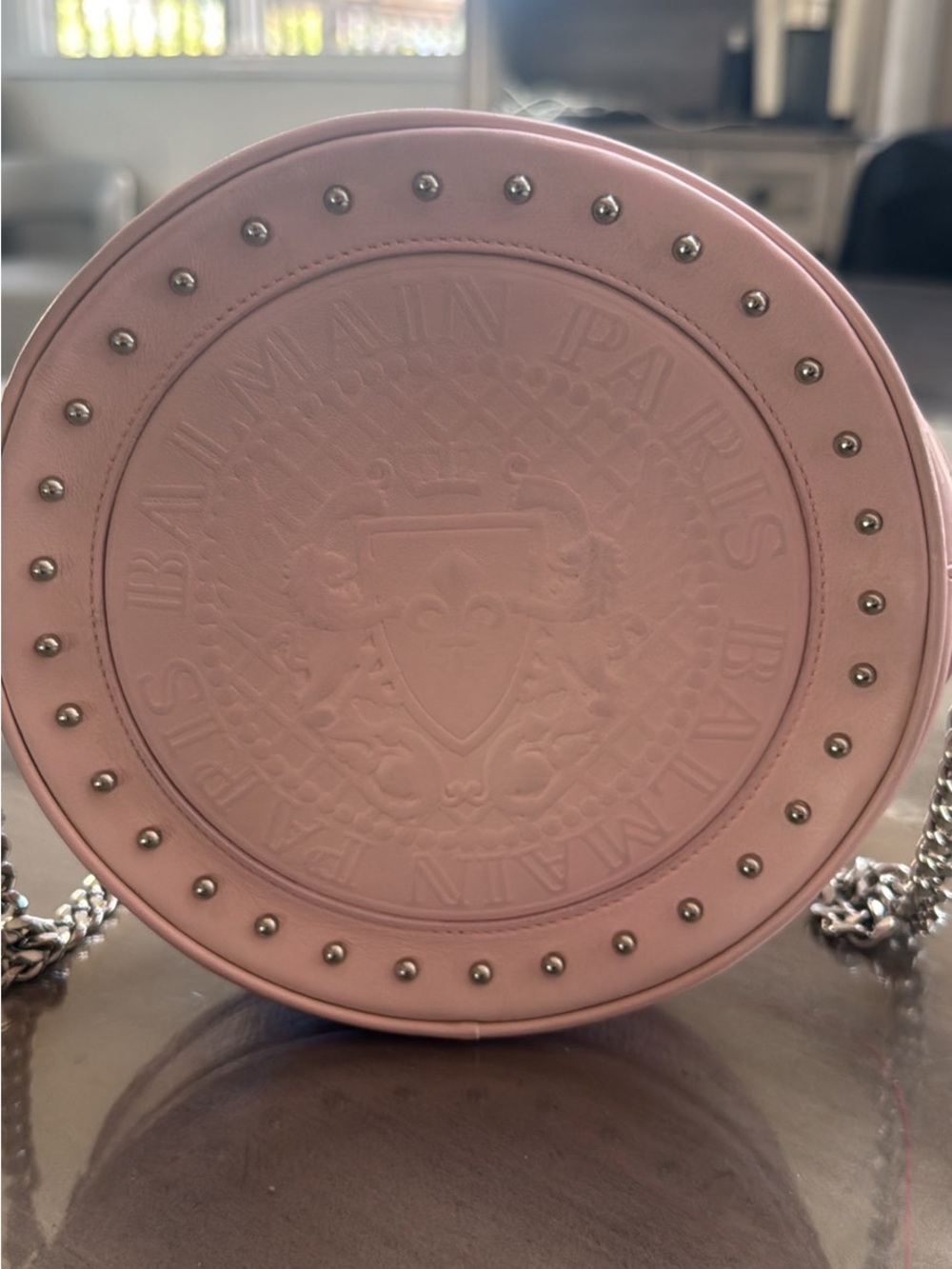 Balmain Round Embossed Leather Mini Bag in Light Pink with Silver Studs
